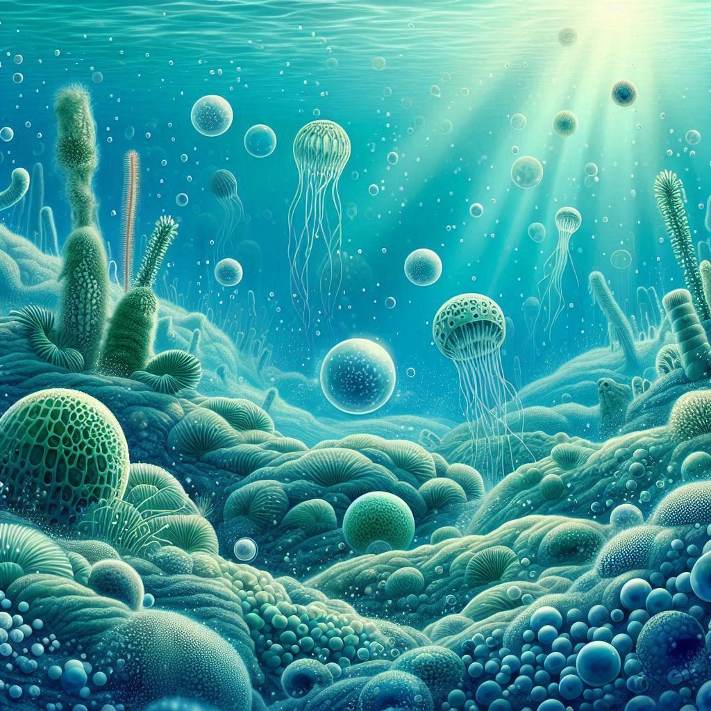 Designer esponjas e seres uni celulares em um oceano profundo e azul ciano